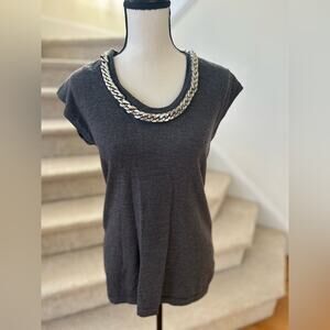 Trina Turk Grey Merino Wool Silver Chain Link Sweater